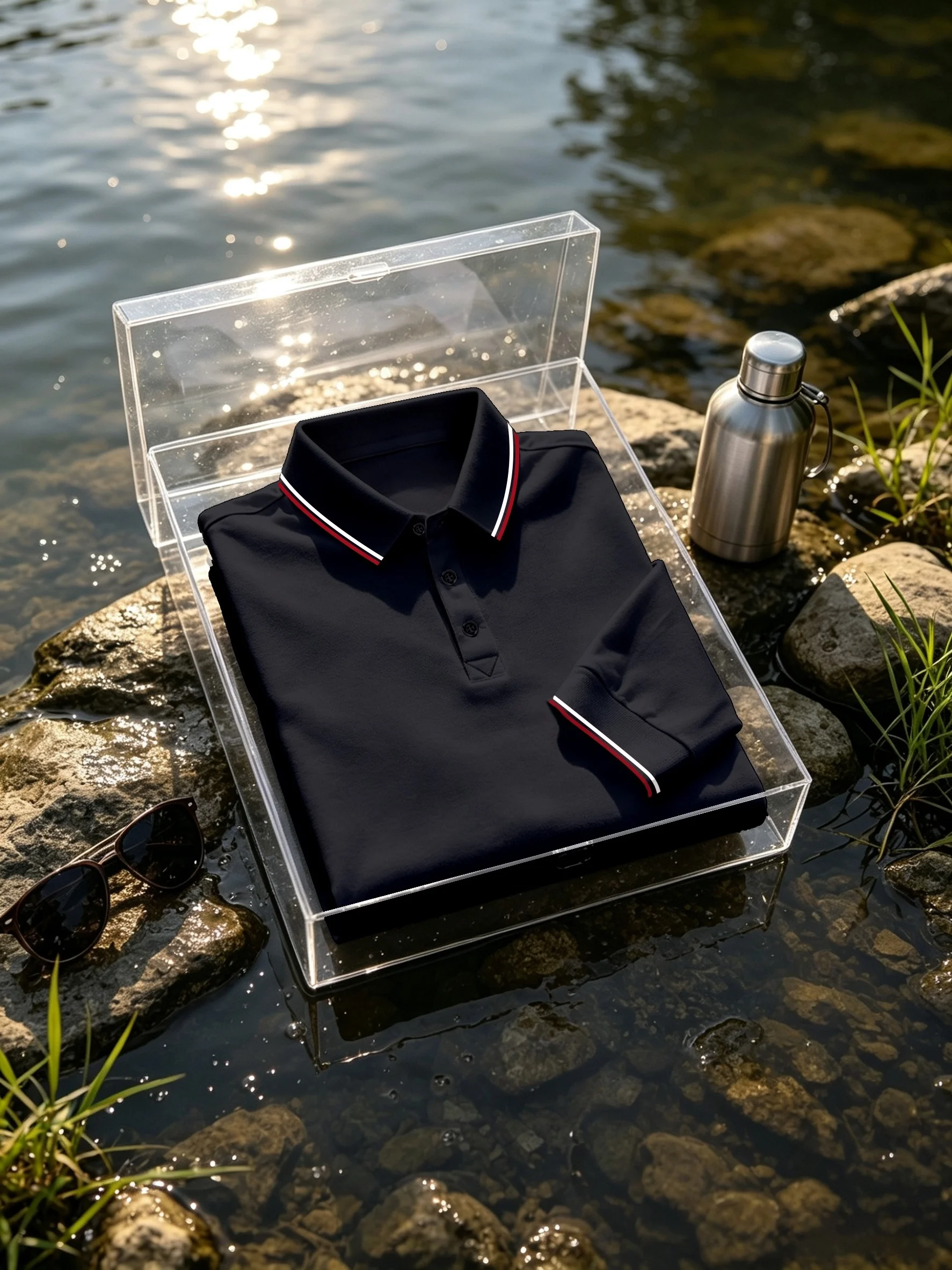Men's Long Sleeved Polo Shirt with Red, Blue, and White Contrasting Stripes At The Collar and Cuffs, Suitable for Outdoor Travel