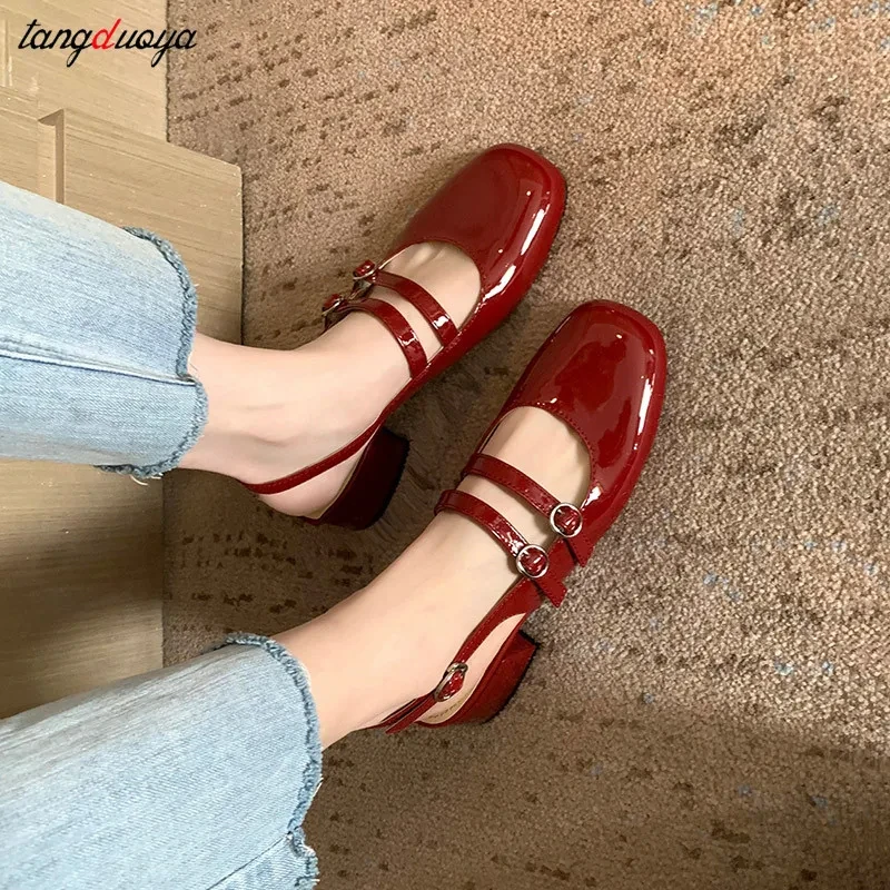 French Retro Red Mary Jeans shoes Woman Patent Leather Double Breasted Sandals Women Elegant Square Toe Single Shoes black