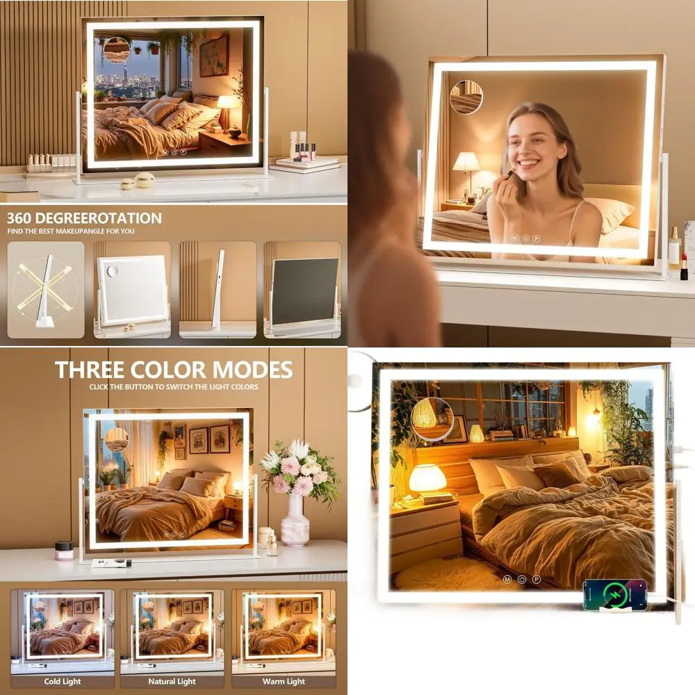 Espejo LED de tocador cuadrado de 26 x 22, luz de 3 colores con pantalla táctil, espejo de maquillaje regulable para escritorio