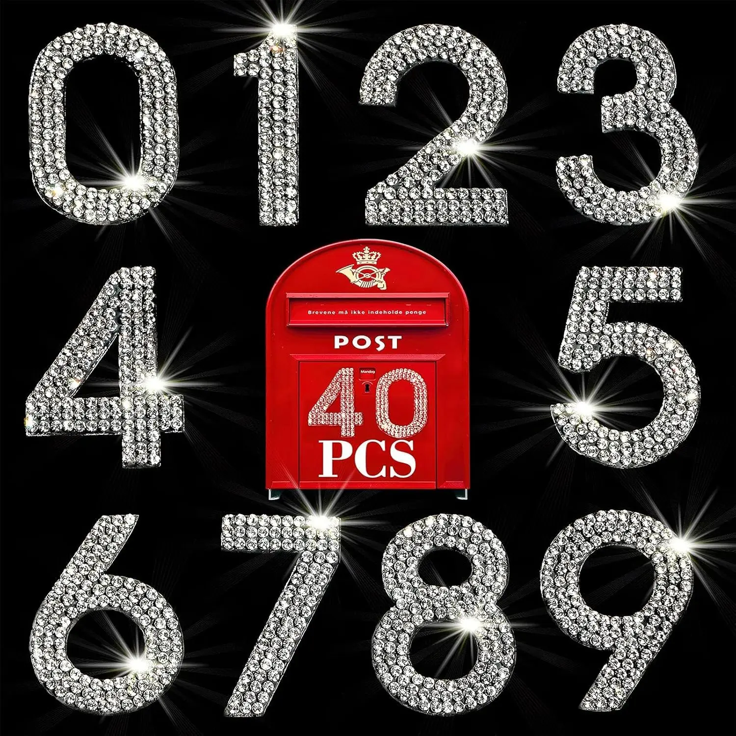 40 Pcs Rhinestone Number Stickers Self-Adhesive Glitter Numbers 0-9 for Mailbox Car Door Craft DIY