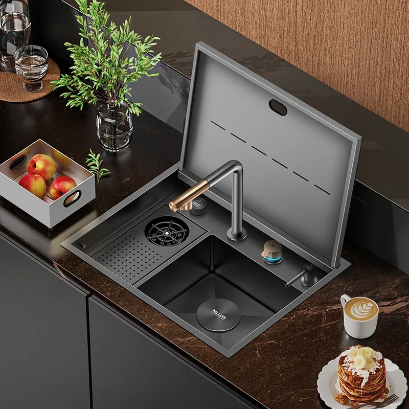 Stainless Steel Kitchen Sink Bar Sink with Nano Flip Cover Invisible Cup Washer