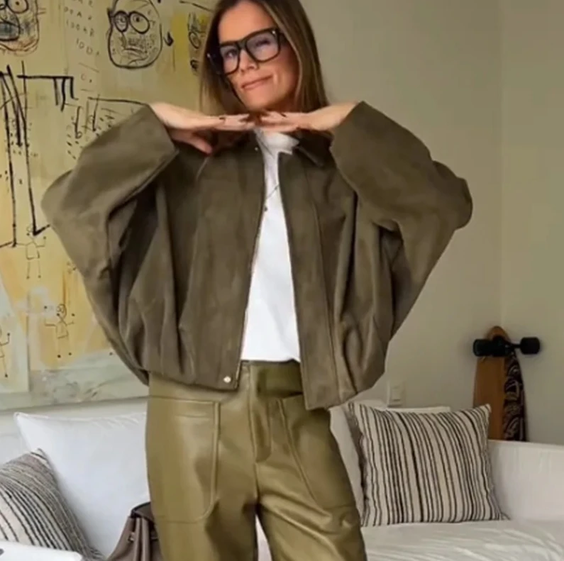 

2025 New Women's Oversized Cropped Suede Bomber Jacket, Long Sleeve Zipper Solid Coat, Demi-Season Casual Jacket