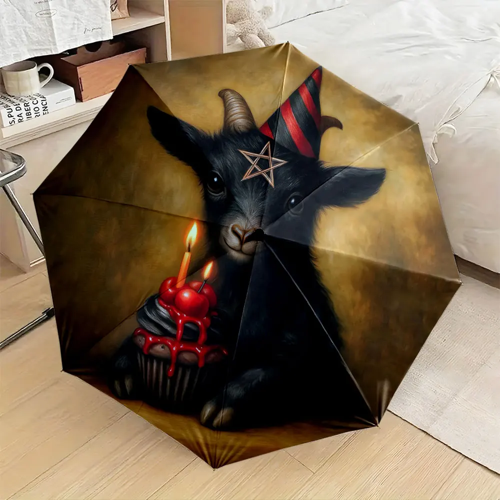 1PC Whimsical Goat Design Umbrella with Candle Cupcake Art Print 8 Iron Ribs Folding Umbrella Auto-Open Fashion Sunshade