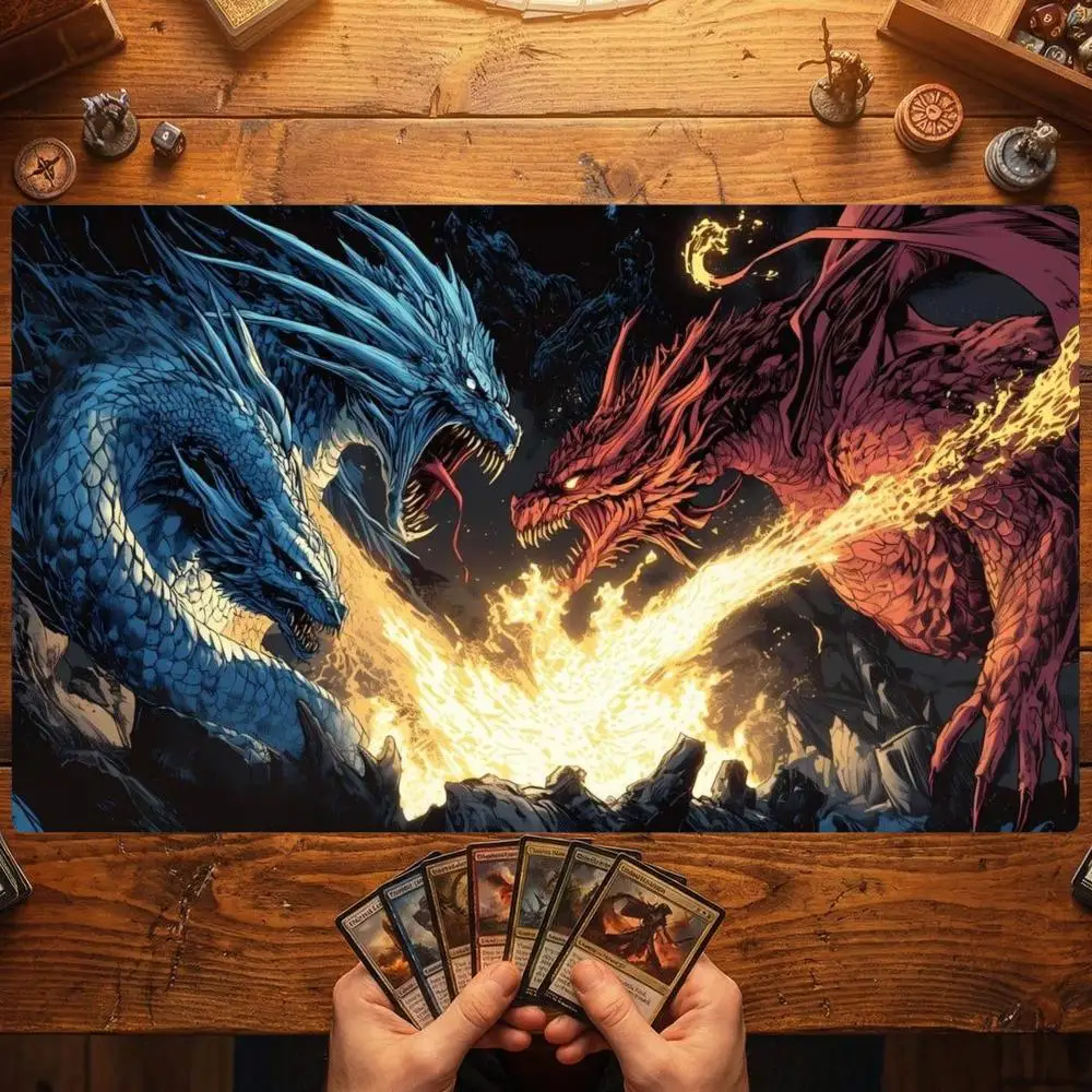 Fire And Ice Dragon Clash Fantasy Art TCG Playmat 35X60CM Magic Card Battle Mat Non-Slip Durable Stitched Edge Tabletop Playmat