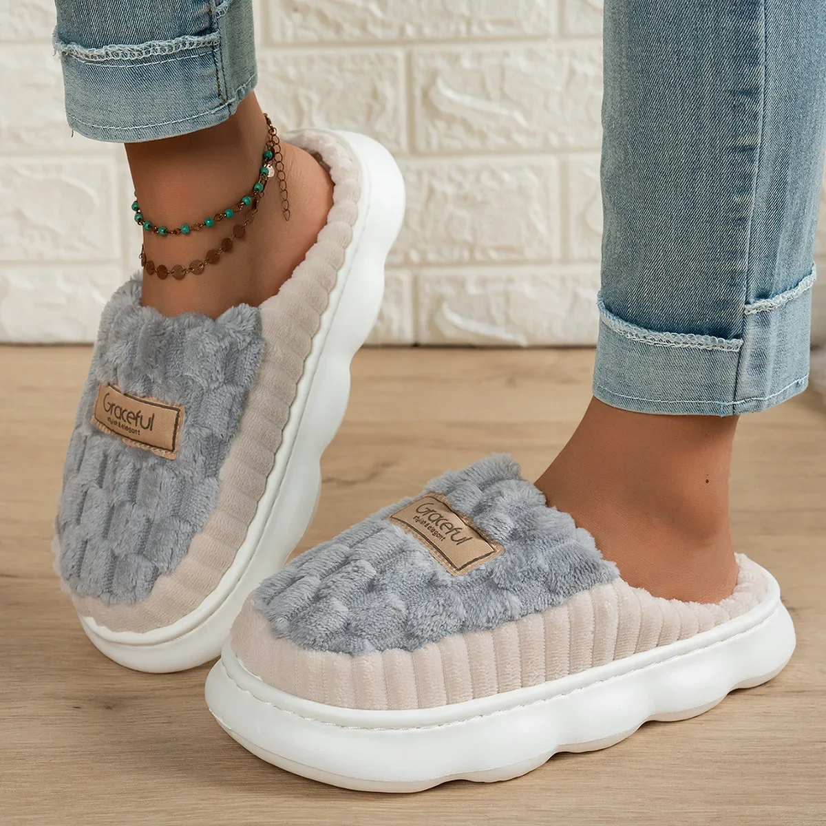 Winter Winter Warm Cotton Slippers Women Men Cloud Thick Sole Plush Fuzzy Home Fluffy Slippers Indoor Bedroom Non slip Grid Floor Shoes - Aliexpress Deal