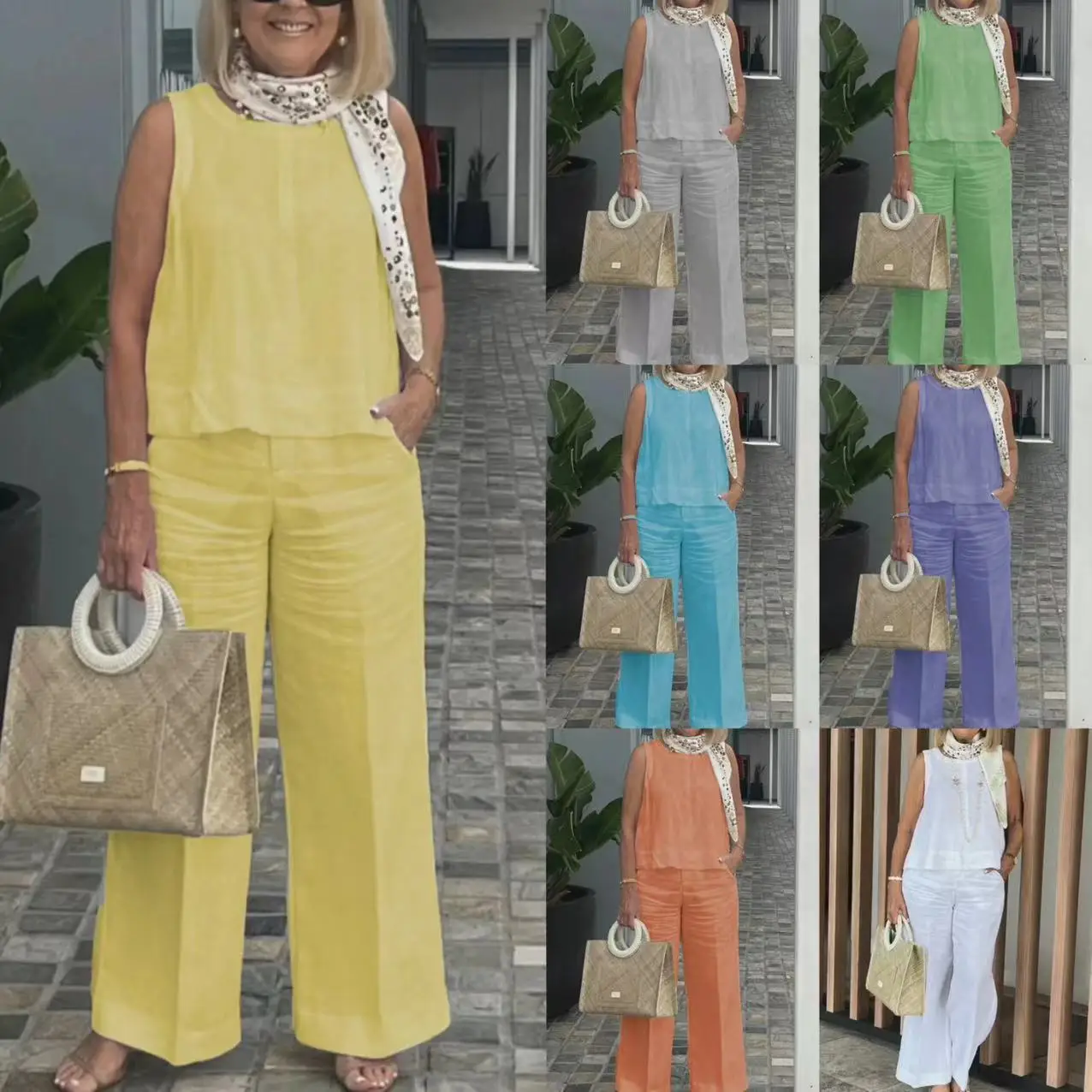 2024 Summer Slim Women Clothes Multi Color Suits Casual Sleeveless Tops Long Shirt Wide Leg Pants