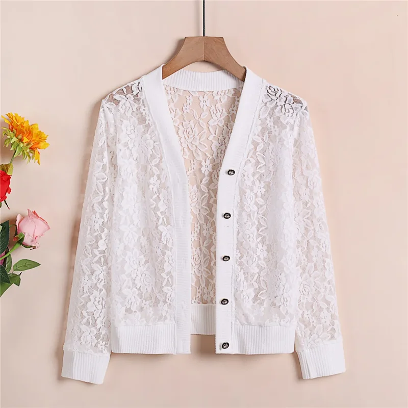 Spring Summer Thin Sunscreen Shirt Women 2024 New Fashion Loose Casual Tops Lace Cardigan Button Pure Colour Hollow Out Female