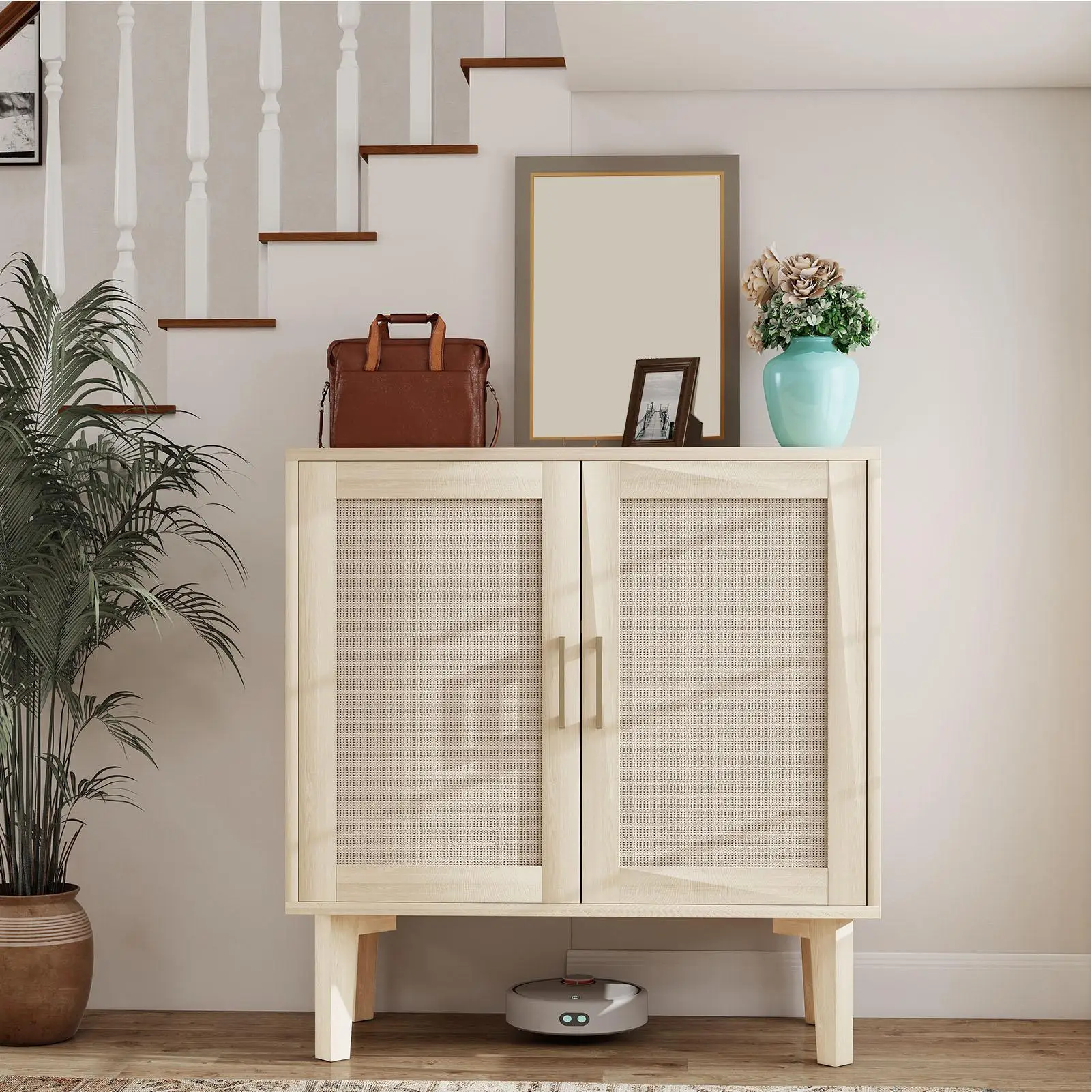 خزانة بوفيه مع أبواب ديكور الروطان وأقدام خشبية صلبة وخزانة جانبية متعددة الوظائف لغرفة الطعام والمطبخ الخفيف من خشب البلوط #5