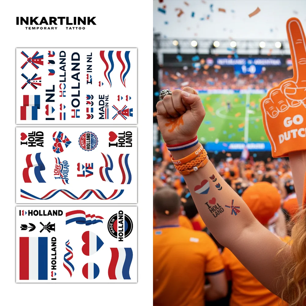 

INKARTLINK 1 Set of 3 PCS HOLLAND Flag Series Temporary Waterproof Tattoo Stickers, Color Lasts 2-5 Days