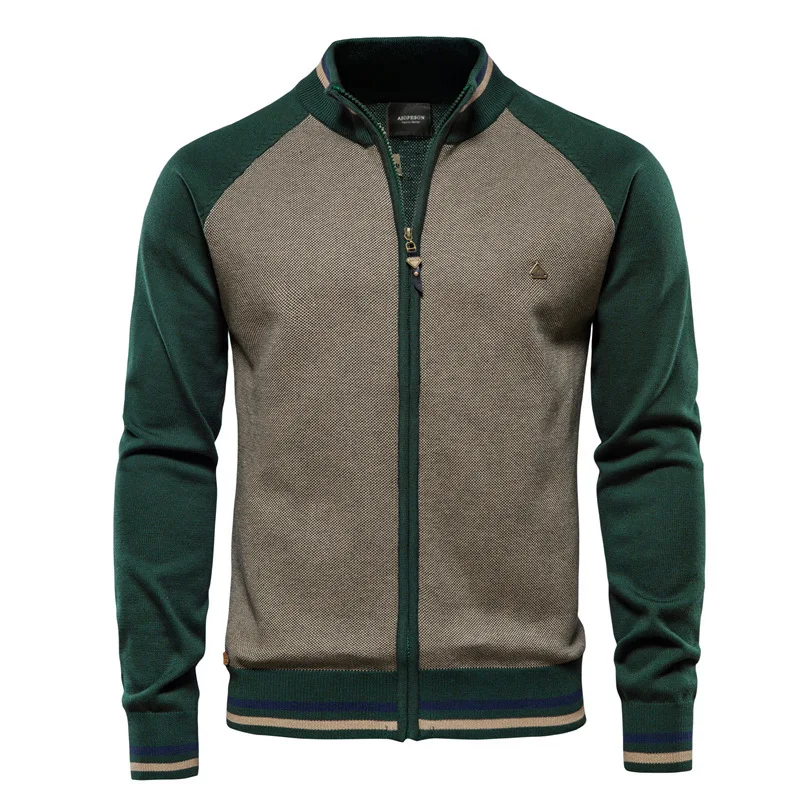 Suéter informal de negocios para hombre, Chaqueta de punto para hombre, cuello levantado, contraste de Color, Algodón puro, chaqueta ajustada coreana