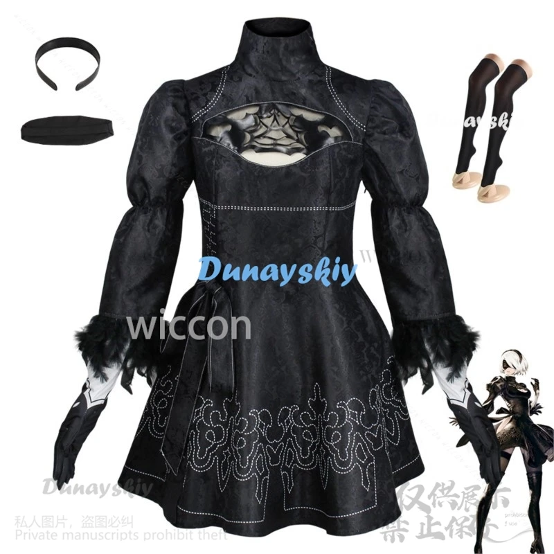 Anime Nier Automata Gioco Yorha 2B Cosplay Goth Costume Lolita Abito nero Parrucca per ragazze Halloween Festa di Natale Cos Personalizzato