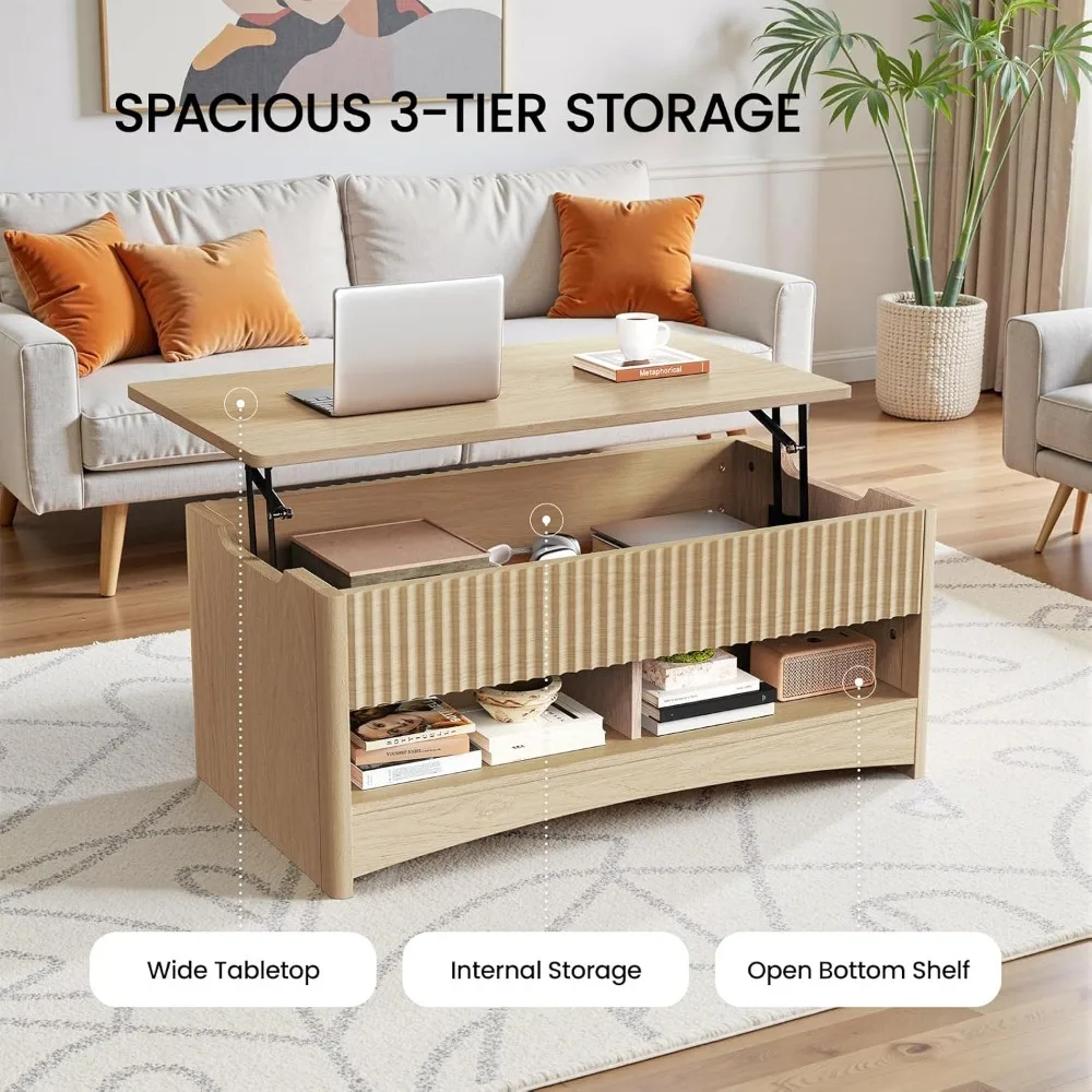 Amada Couchtisch mit geriffelter Hubplatte, 35,2-Zoll-Holztisch mit Ablagefach und verstecktem Fach, moderner rechteckiger Mitteltisch für