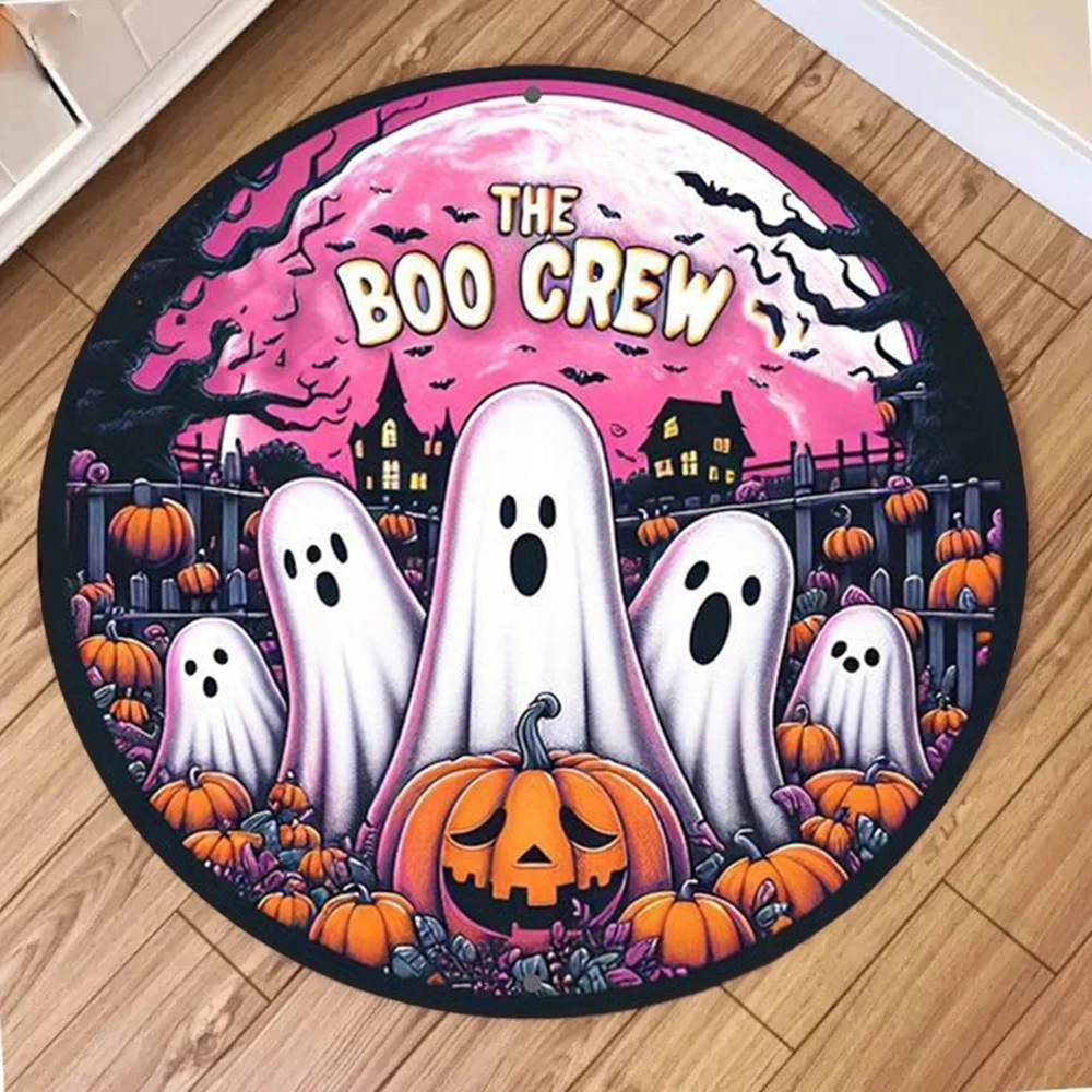 

Cartoon Halloween Round Carpet Cute White Elf Ghost Pumpkin Black Flannel Mats Home Living Room Bedroom Decorative Floor Rugs