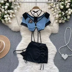 V-Neck Short Sleeve Transparent Crop Top With Elastic Waist A-Line Mini Skirt Set Cosplay Uniform Sexy Lingerie Women's Pajamas