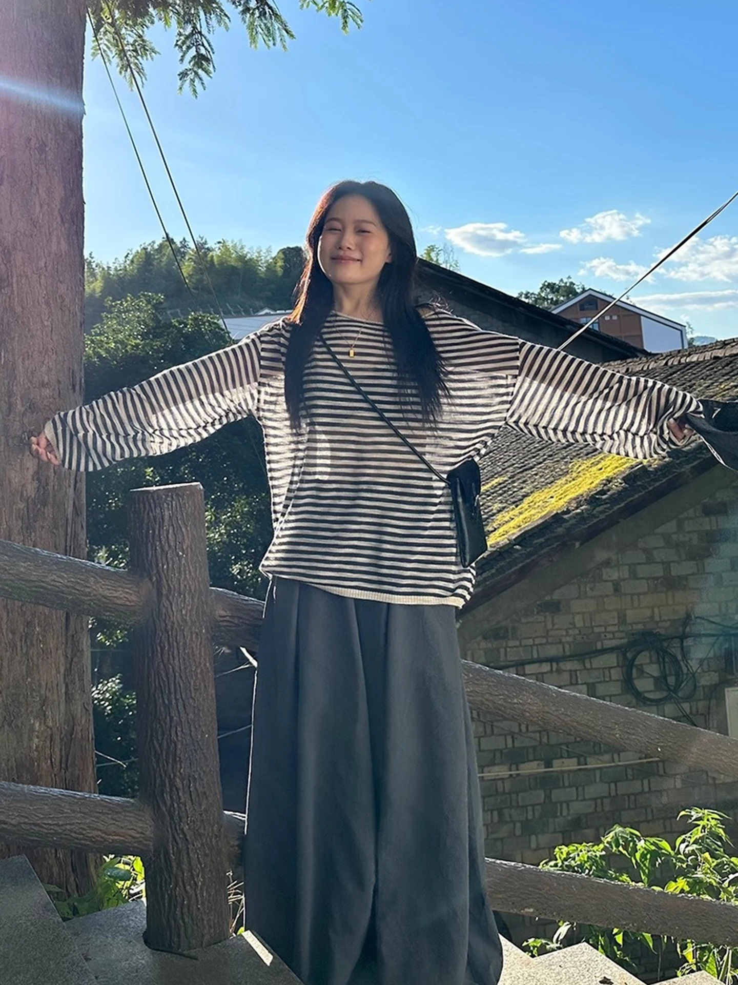 

Удобный вязаный топ с длинными рукавами для защиты от солнца, повседневный полосатый топ-накидка, европейский бренд класса люкс, летняя одежда в стиле Lazy Sle.