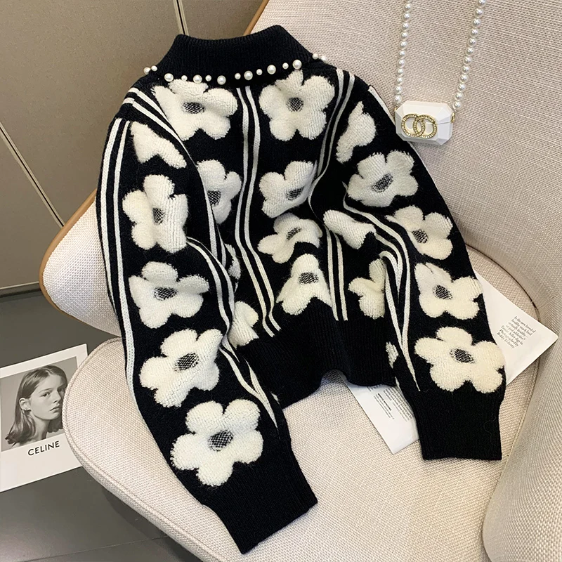 Vintage Sweater Autumn 2022 Lapel Three-Dimensional Flower Long-Sleeve Knitted Pullover Female Contrast Flower Doll Collar Top