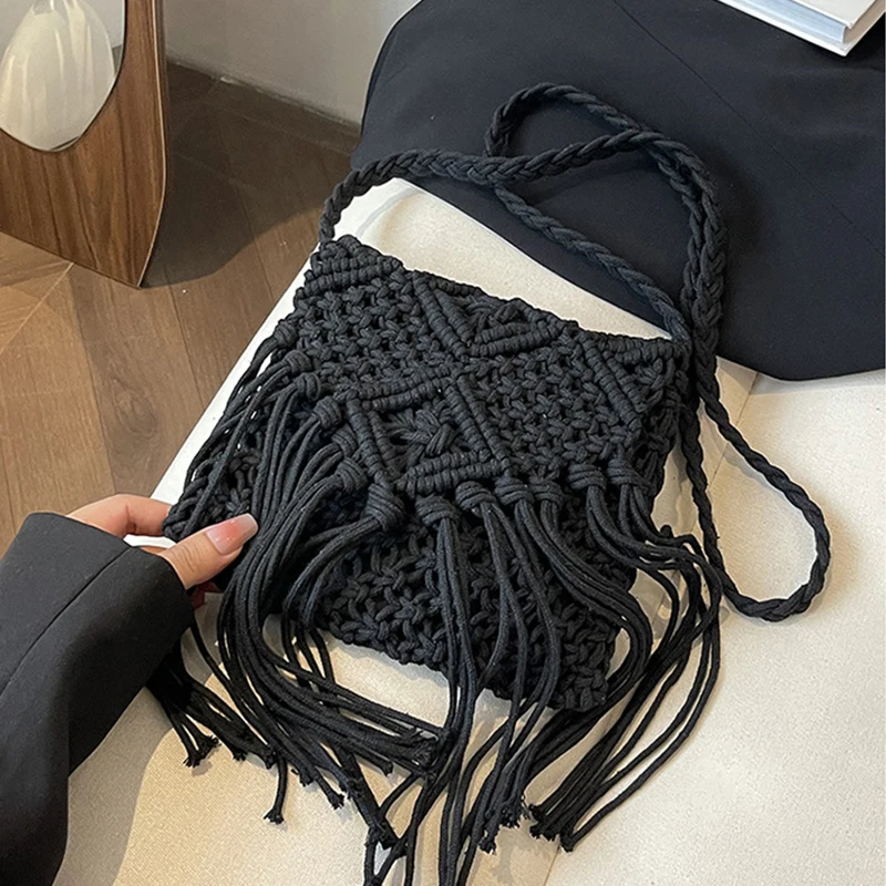 

Women Crochet Shoulder Bag with Tassel Handwoven Crossbody Bag Solid Color Bohemian Sling Female Woven Bag