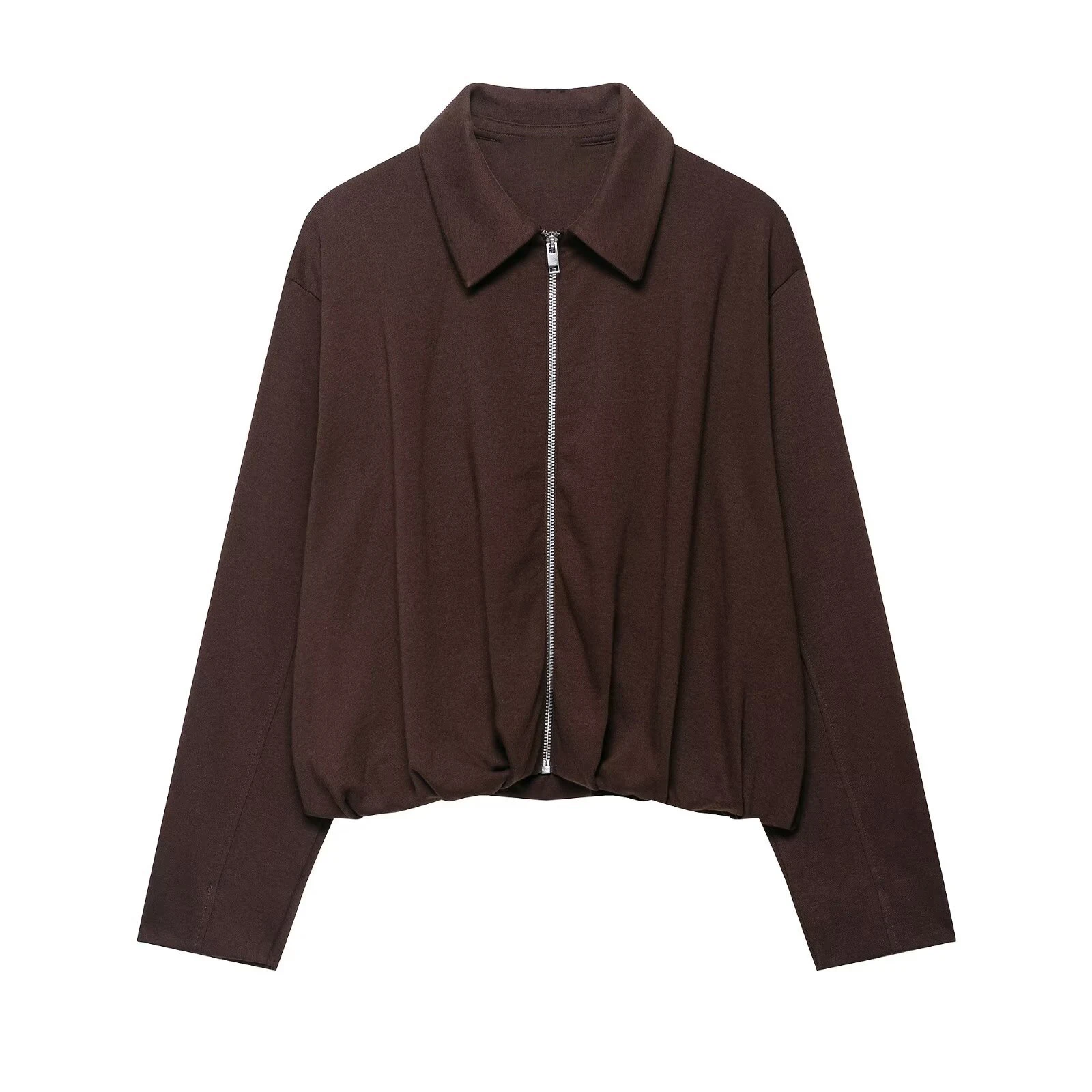HH Damen Mode Langarm Herbst Oberbekleidung Revers Reißverschluss Plissiert Locker Braune Jacke 2026 Neue Damen Abschluss-Saison Mäntel – Detail 2