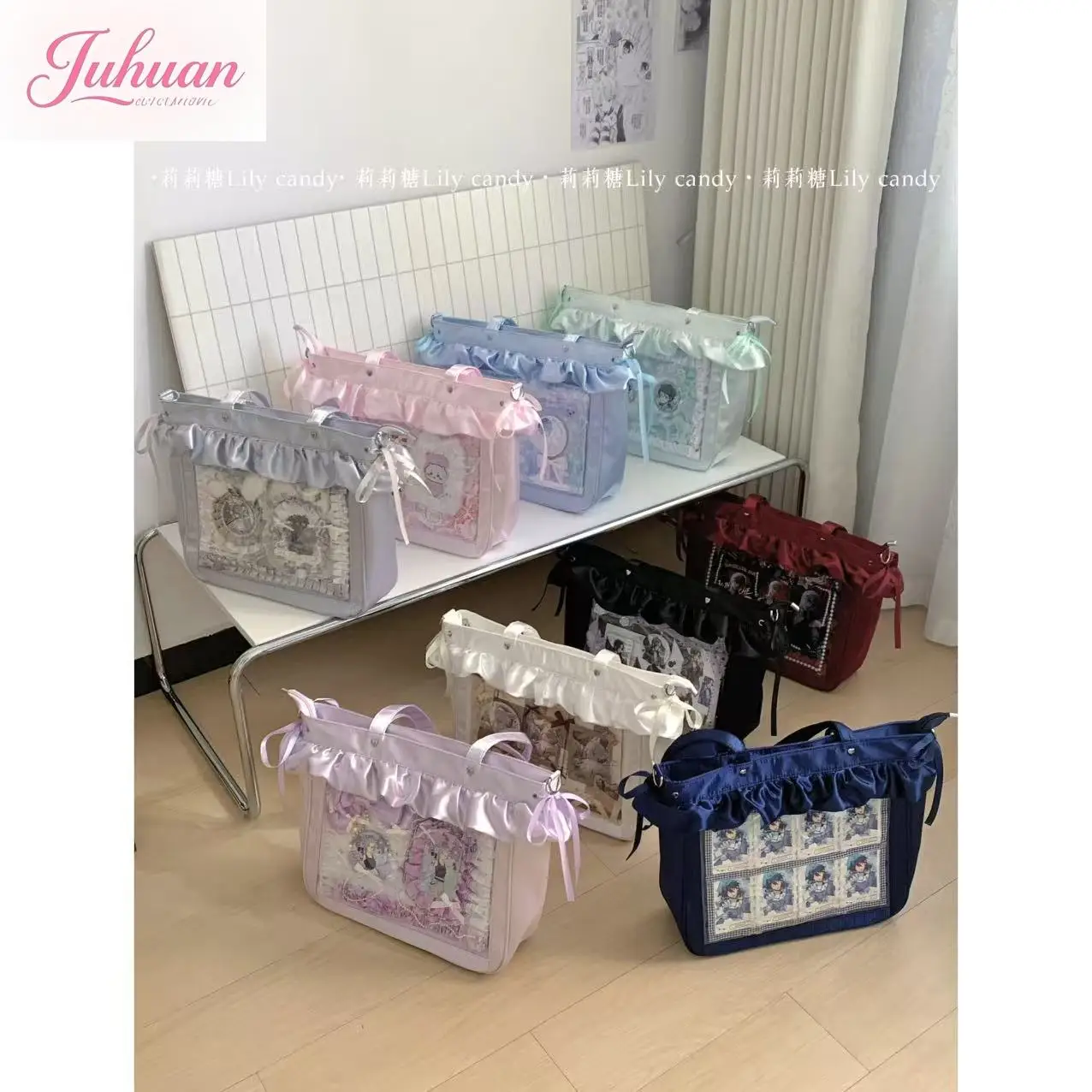 

Japanese Sweet Cute Lolita Lotus Leaf Edge Satin Lta Bag Women's Large Capacity College Style Ltabag Shoulder Messenger Bag Girl