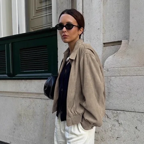 2025 Nuovo Autunno Laid-back Moda Retro Colletto a maniche lunghe Giacca da donna in pelle scamosciata con cerniera Cappotto semplice in tinta unita di alta qualità