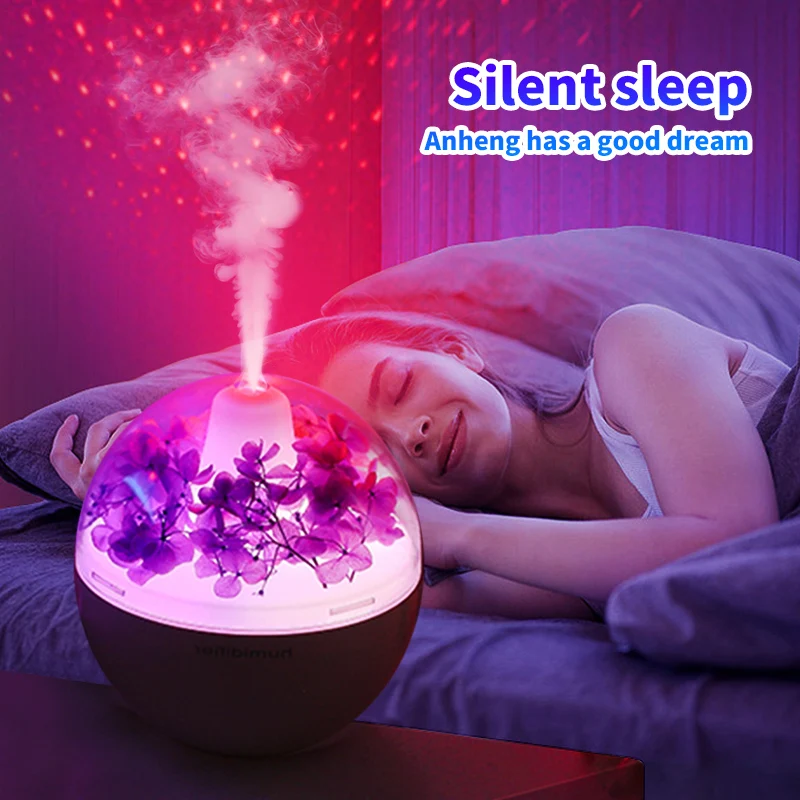 1PC USB Powered Preserved Flower Air Humidifier with Colorful Lights and Star Projector Quiet Humidification for Home Office