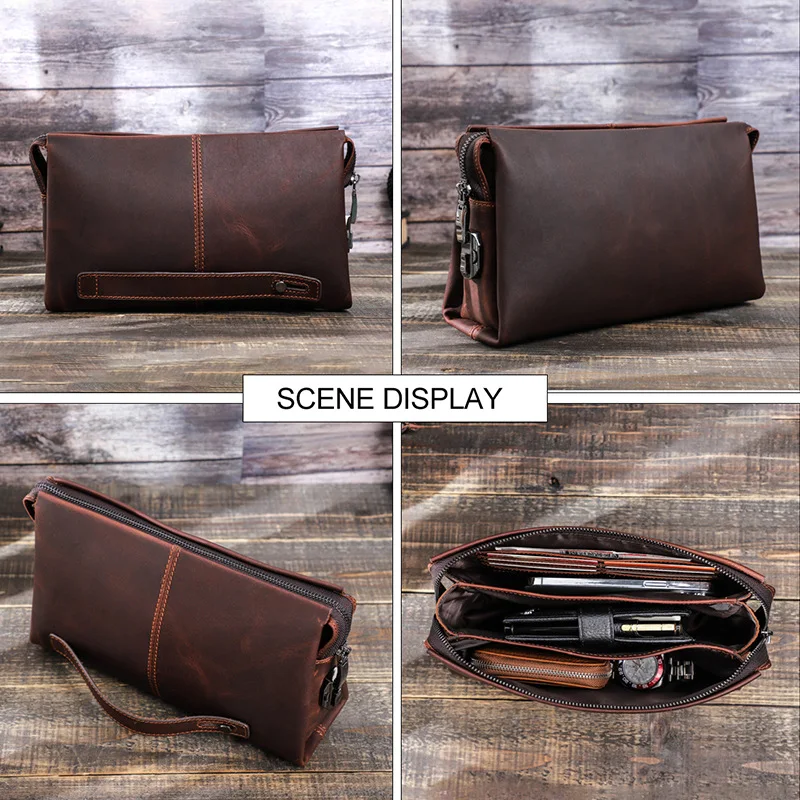 Anti Theft Wrist Wallet Wrist Bag for Men Business Travel Daily Use Genuine Leather Cowhide Hand Purse with Combination Lock