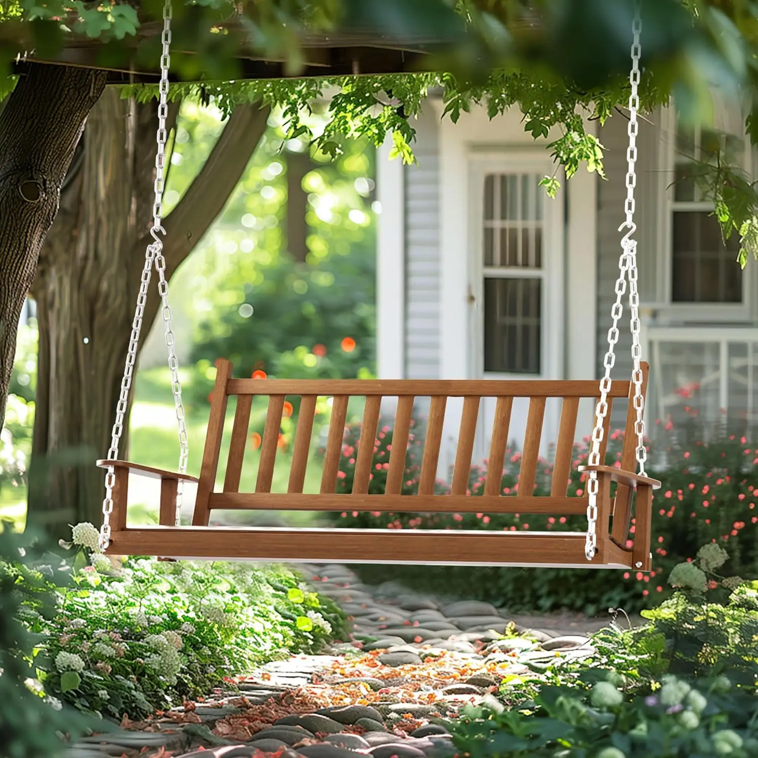 

5 FT Wooden Outdoor Porch Swing,Hanging Bench Chair with Chain, Heavy Duty for Deck, Garden, Yard, Natural