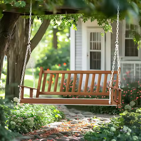 5 FT Wooden Outdoor Porch Swing,Hanging Bench Chair with Chain, Heavy Duty for Deck, Garden, Yard, Natural
