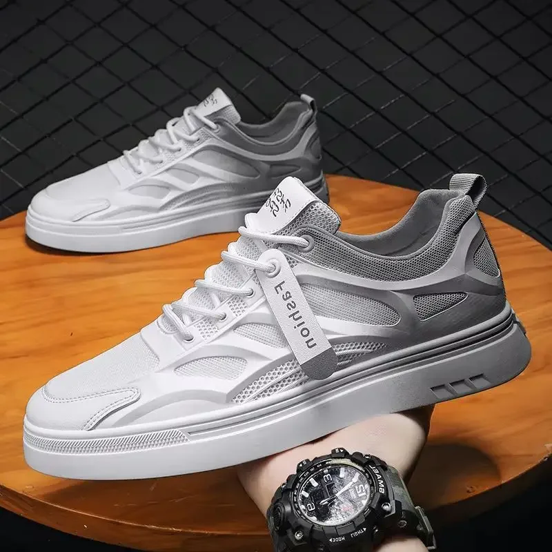 

Mesh Men Casual Shoes Flat Lace-up Platform Shoes for Men Breathable Outdoor Non-slip Vulcanize Shoes White All-match Sneakers