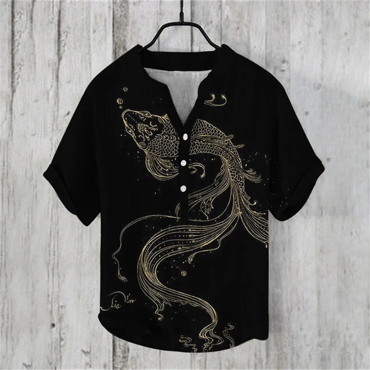 Summer retro art 3D printing Henry shirt men\'s casual buckle short sleeved Chinese style V-neck shirt men\'s shirt short sleeved