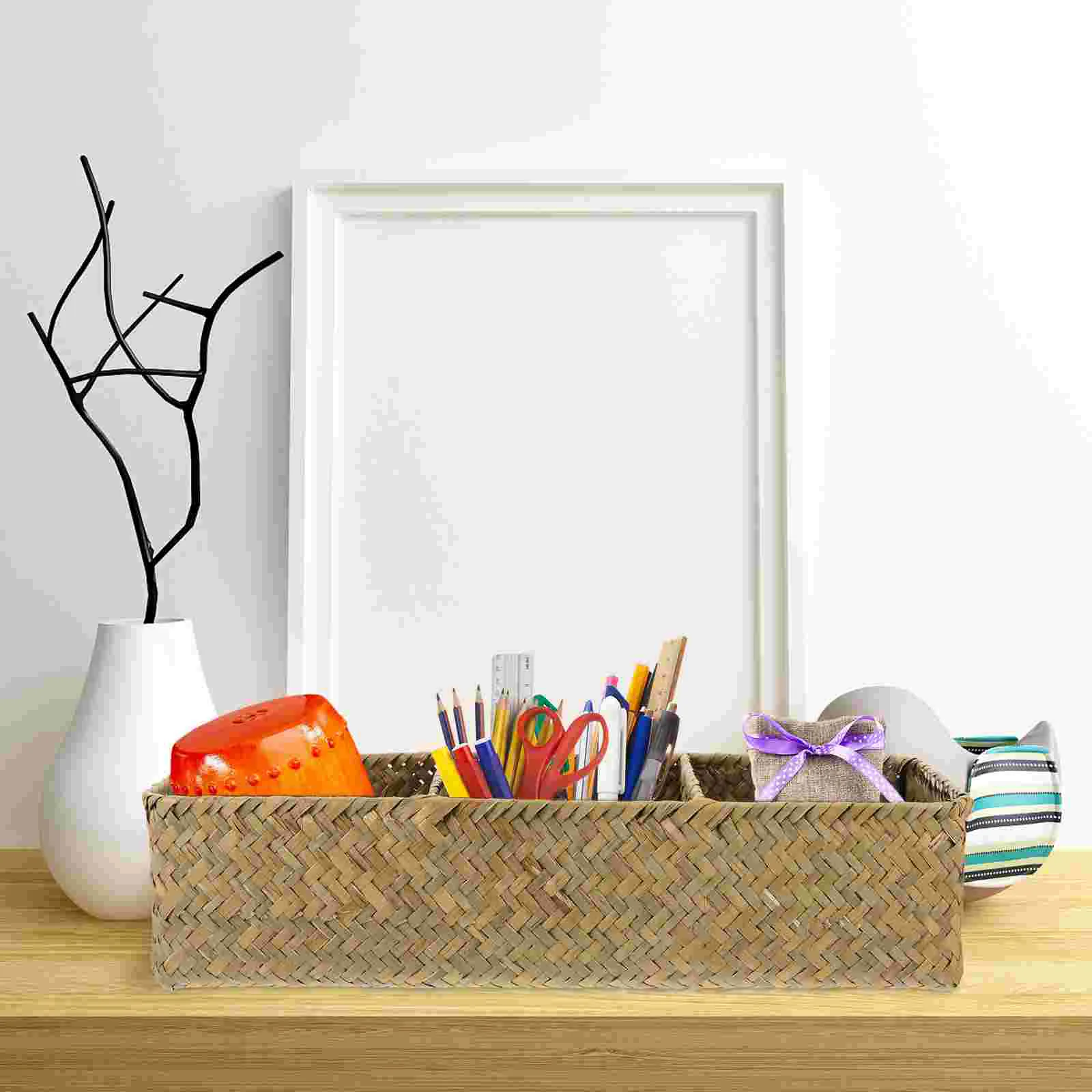 3 Compartments Woven Storage Box High Grade Straw Desktop ganizer Bins Containers Case Baskets Sundries ganizers Tidy