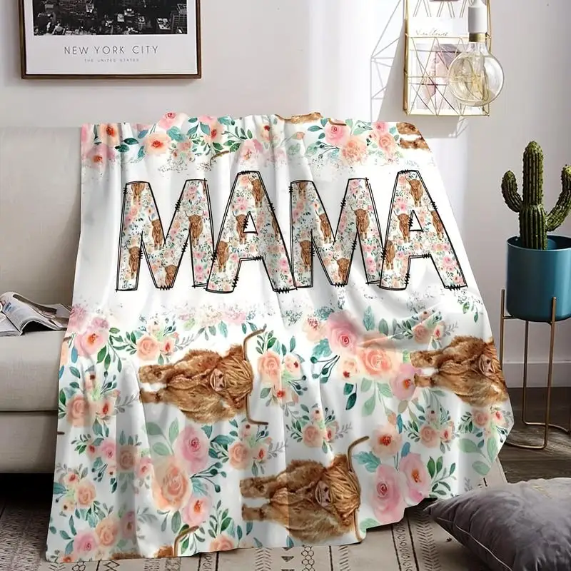Vintage Animal-Themed Mama Soft Fleece Throw Blanket Farmhouse Style Floral Highland Cow Print Cozy Knitted Custom blankets