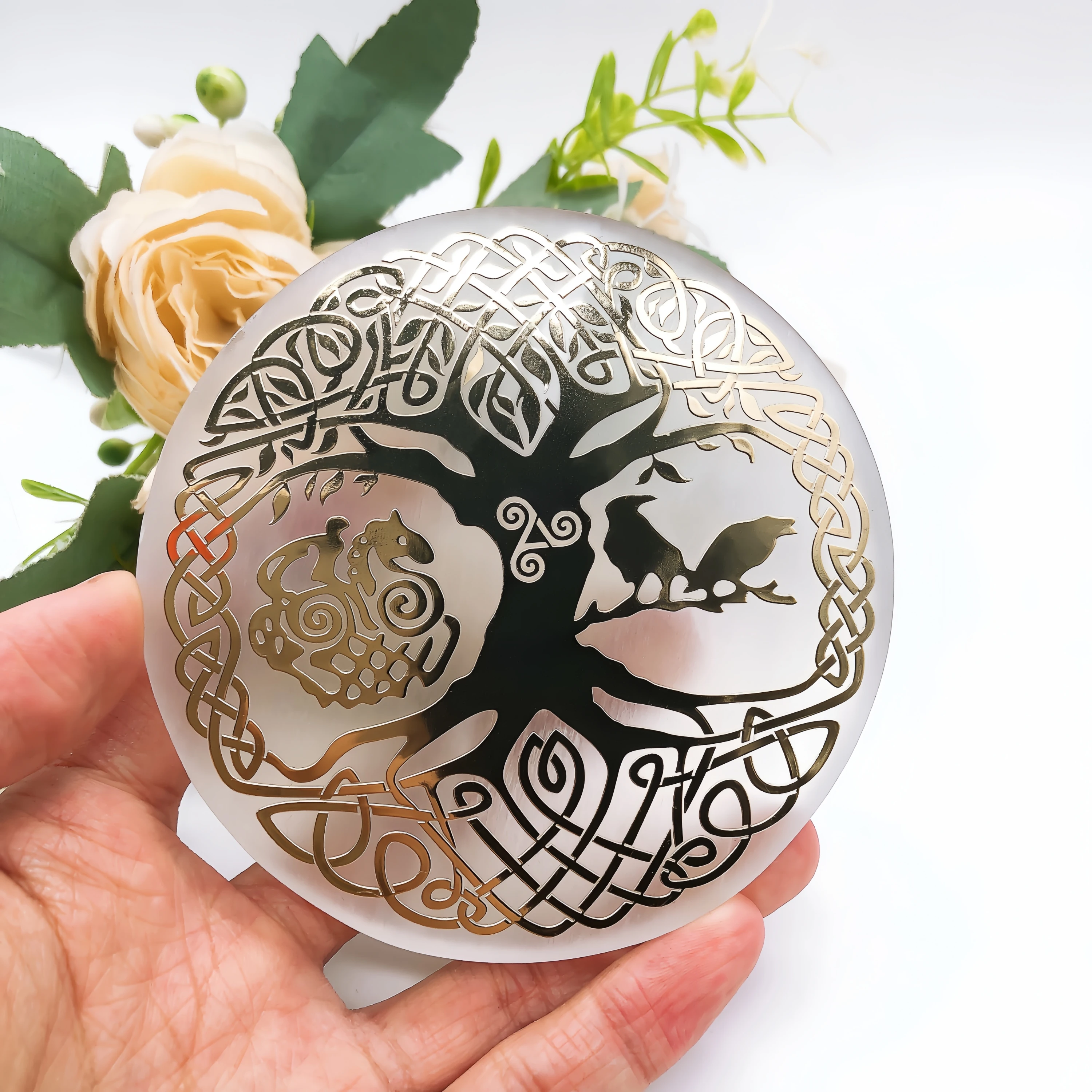 10cm Natural Selenite Slice Crystal Stone Slab Chakra Tree of Life Charging Plate Yoga Meditation Home Decor Energy Healing Gift