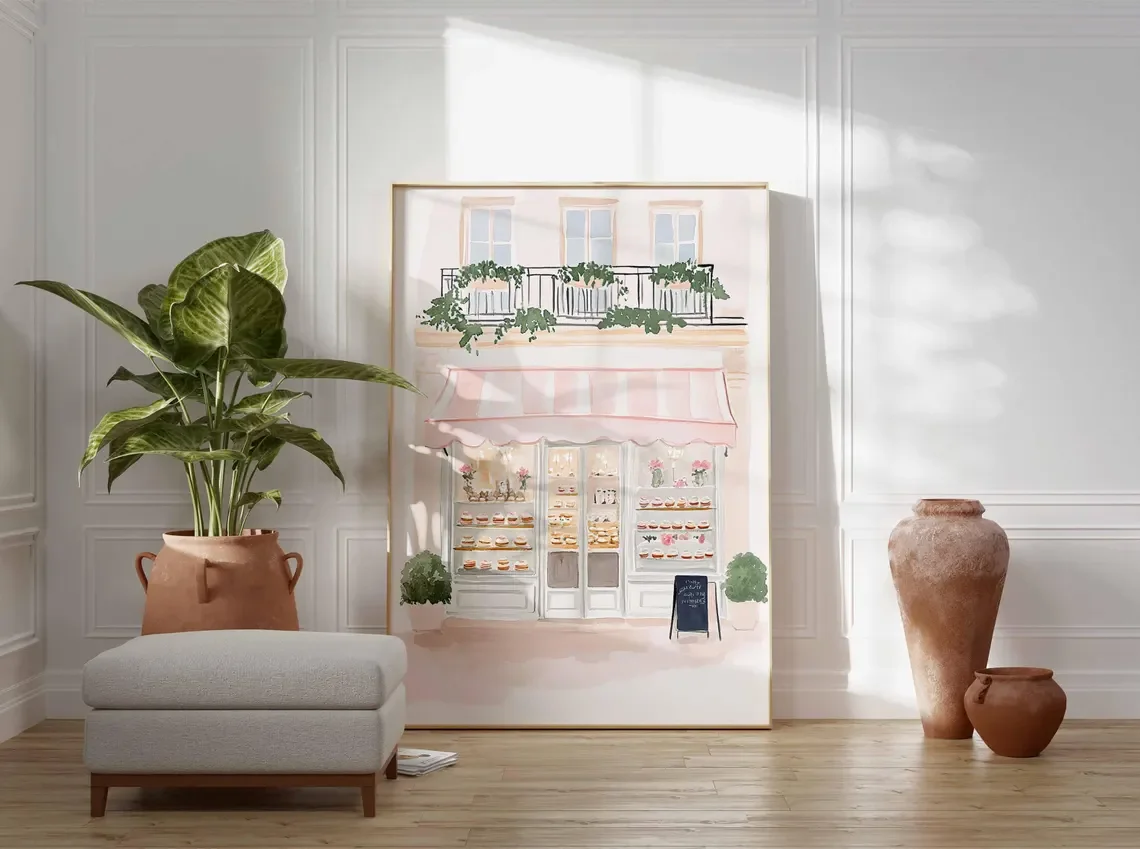 Paris Bakery Poster Print, French Patisserie Wall Art, Pastel Cafe Illustration, Pink Dessert Shop Decor, Whimsical Paris Street view 5
