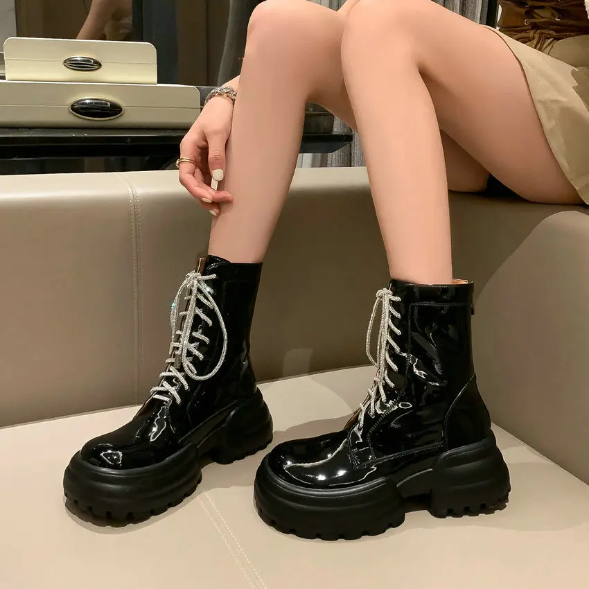 QUTAA 2024 Platforms Women Ankle Boots Patent Leather Round Toe Basic Shoes Woman Lace Up Casual Autumn Winter Short Size 34-39