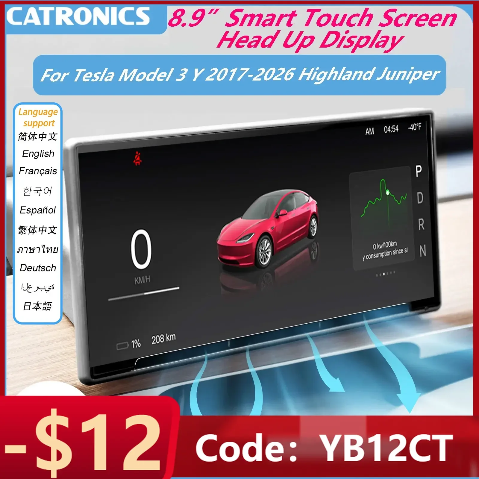 

CATRONICS 8.9 Inch Head Up Display for Tesla Model 3 Y 2017-2026 Highland Juniper Android Auto Carplay HUD OTA Update Air Vent