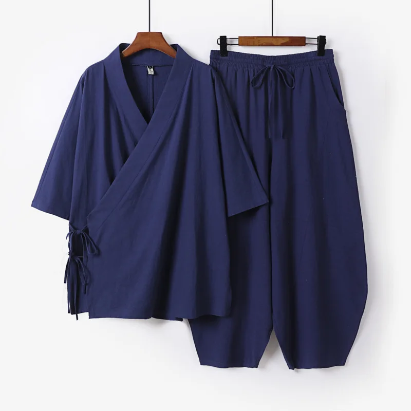 plus-size-men-2-piece-cotton-linen-outfit-set-new-chinese-style-v-neck-cross-wrap-top-drawstring-harem-pants-kimono-cardigan