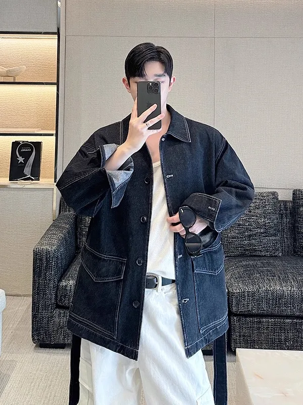 

Retro Sle Men's Workwear Denim Jaet with Belted kets Youth Faion Long Sve Mid-Length Pure Color Spring Autumn Winter