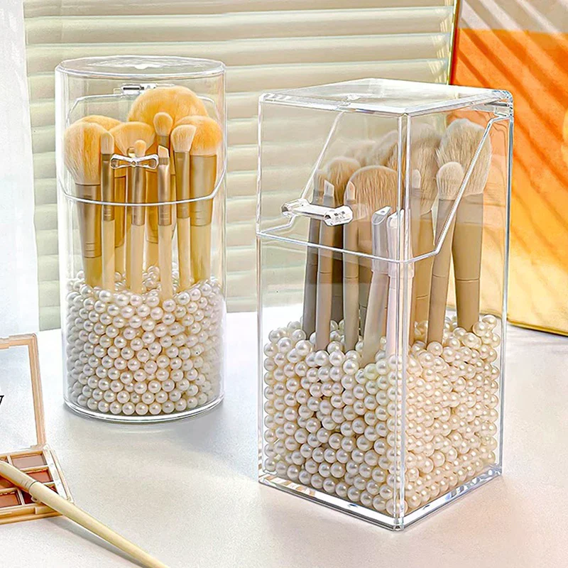 Fashion Desktop Makeup Brush Bucket Cup Holder With Lid Dust-proof Makeup Lipstick Cosmetic Box Organizer Tube Transparent 1PCS