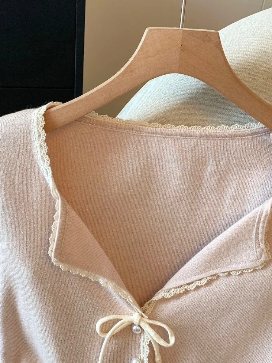 الرغبة النقية الدانتيل V-Ne طويلة Sve محبوك سترة مفتوحة المرأة ort Sle الخريف جديد الحفاظ على الذات زر الديكور