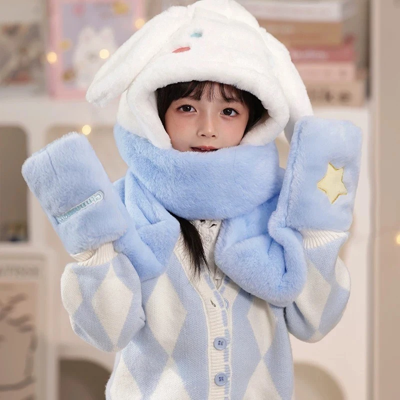 Sanrio Cute Kuromi Anime Childrencinnamorol Winter Windproof Hat Scarf Three Piece Set Cartoon Girl Comfortable Plush Warm Scarf