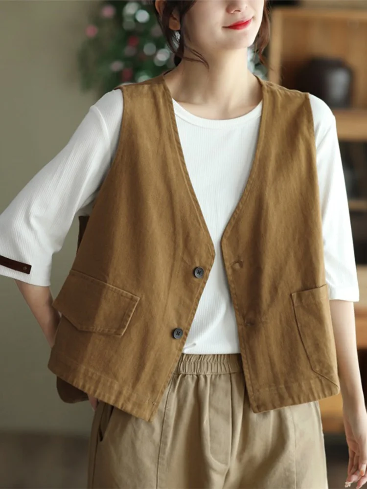 

Женский жилет свободного кроя из чистого хлопка с v-образным вырезом в клетку, жилет с капюшоном в стиле ретро, повседневный жилет на одной пуговице