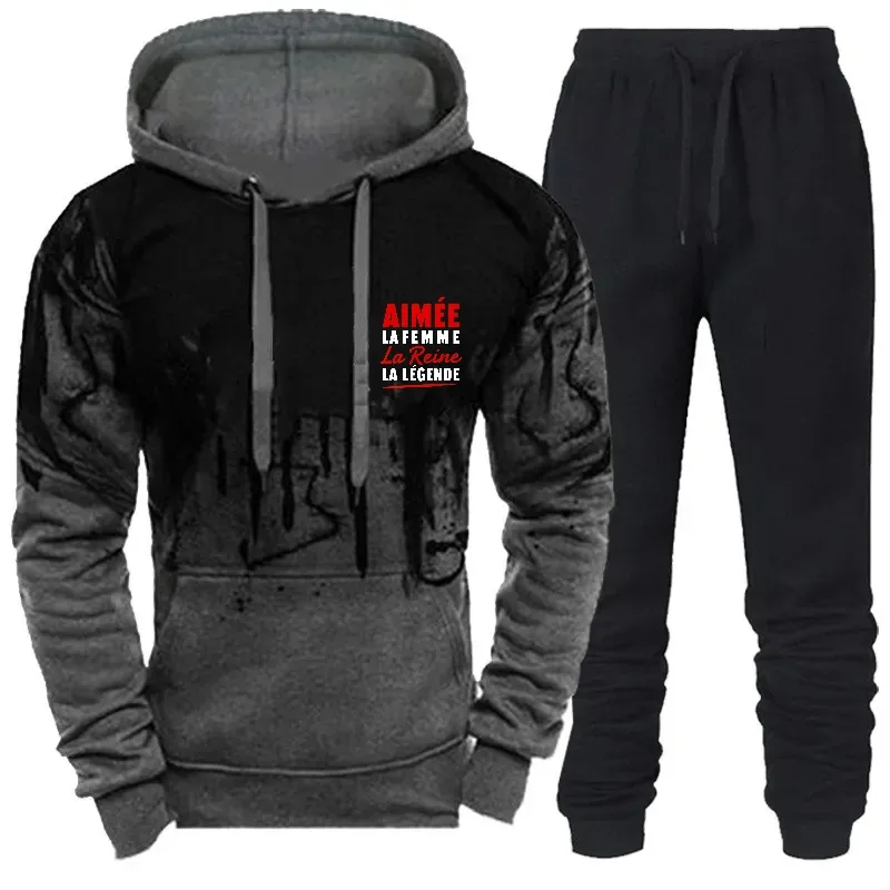 رجل هوديي أسود رمادي مطبوعة نمط النص BIMET LA FEMME LA LEGENDE ملابس رياضية كاجوال البلوز ركض مجموعة