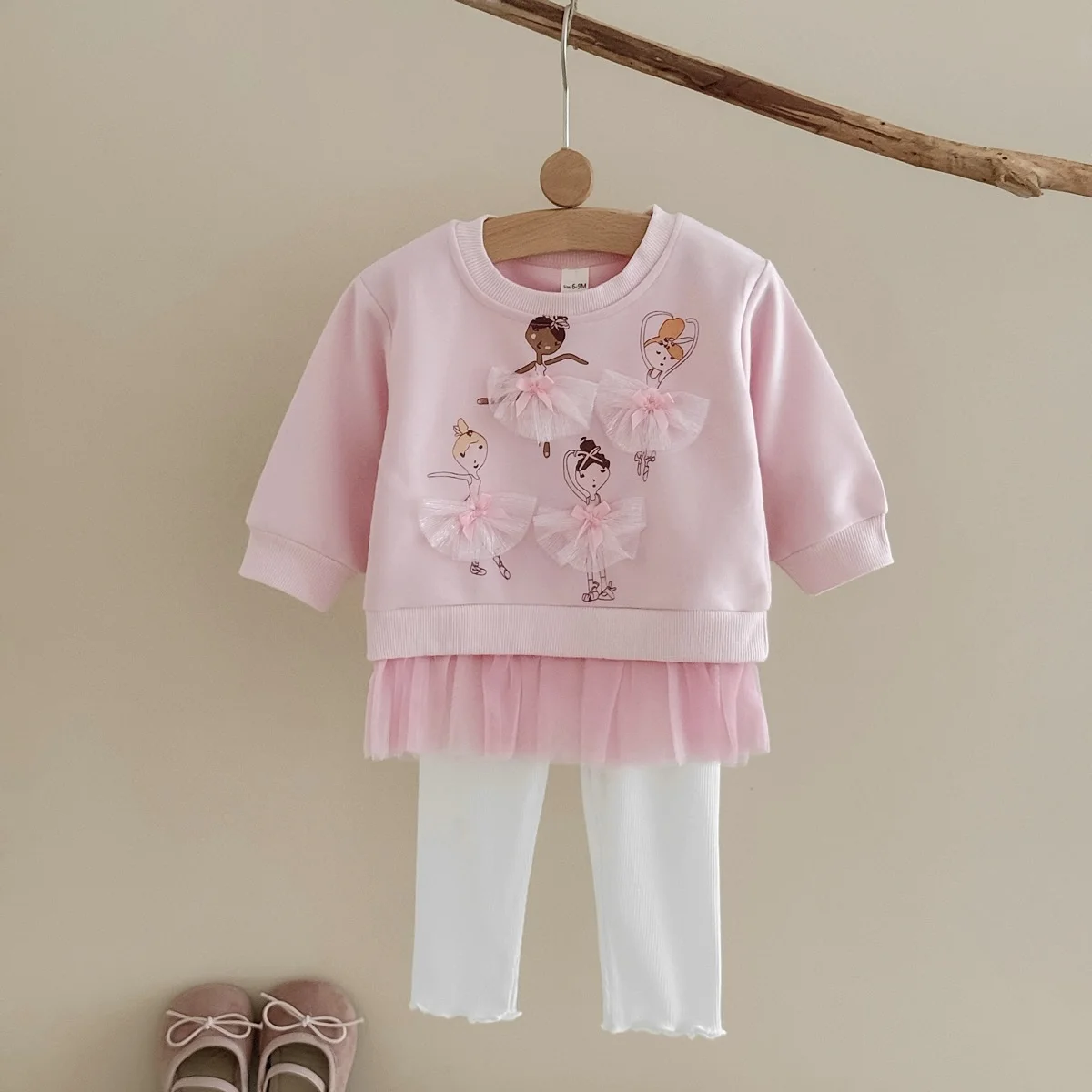 Sweet Baby Girls Cartoon Ballet Print Tulle‑Hem Sweatshirt, Infant Pink Long‑Sleeve Top White Ruffle Pants Casual 2‑Pcs Clothes