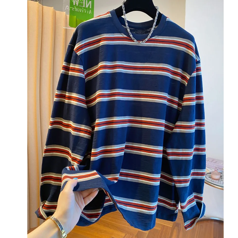 Unisex Long Sleeve Striped Cotton T-Shirt Fashionable Summer Sun Protection Loose Fit round Neck Breathable Chinese Brand