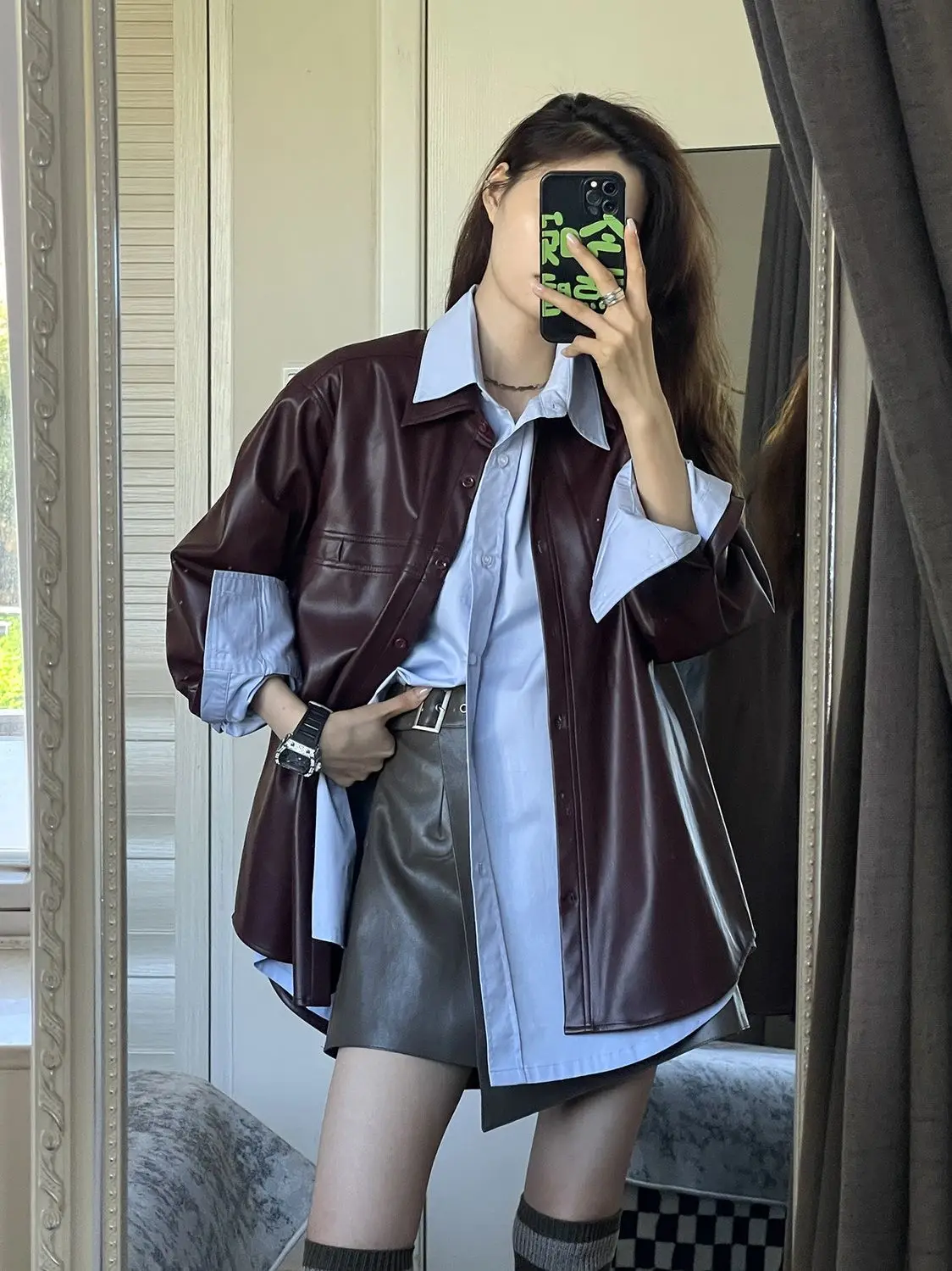 Faionable ape Lila PU Leder Jaet frauen Oberbekleidung Frühling Herbst Neue Sle Retro irt Vielseitig Lose Fit Lange Sve