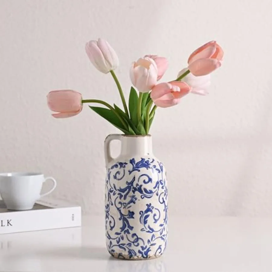 Blue and White Ceramic Vase for Flowers, Rustic Vase Home Decor for Pampas Grass, Farmhouse Decorative Vases for Mantel, Living