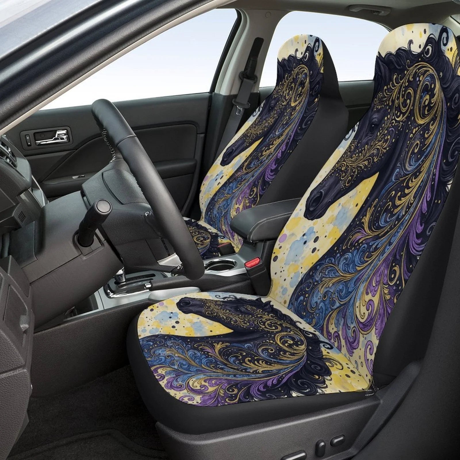 Set Of Car Seat Covers Featuring A Black Horse With Intricate Designs, Suitable For Various Vehicles. Stylish And Unique, These