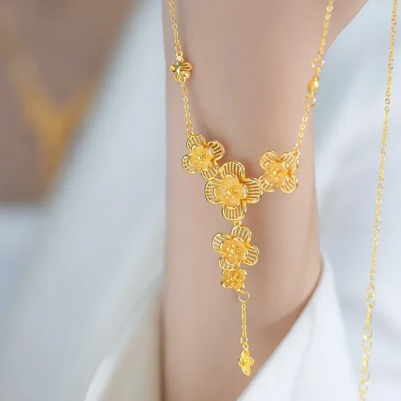 

9999 Real Gold 24K Niche Premium Gold Flower Clavicle Set Chain Plum Blossom Flower Wedding Set Chain Flower Necklace Women