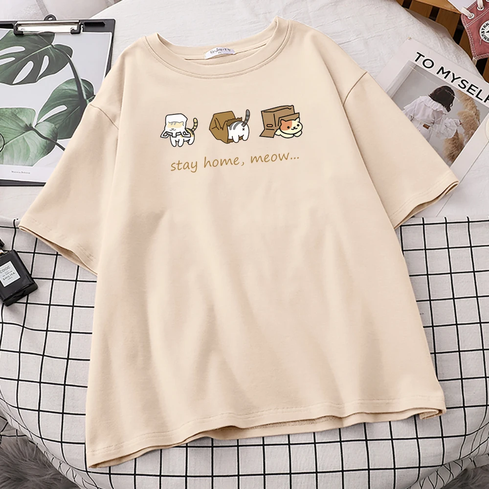 Three Mini Cat Animal Stay Home Meow Print T Shirt Women'S Retro Traveling Top Casual Home Tshirt Loose O-Neck Womans T-Shirts